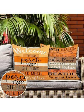 Porch Rules Decorative Throw Pillow Covers 18x18 Inches Zipper Closure Rustic